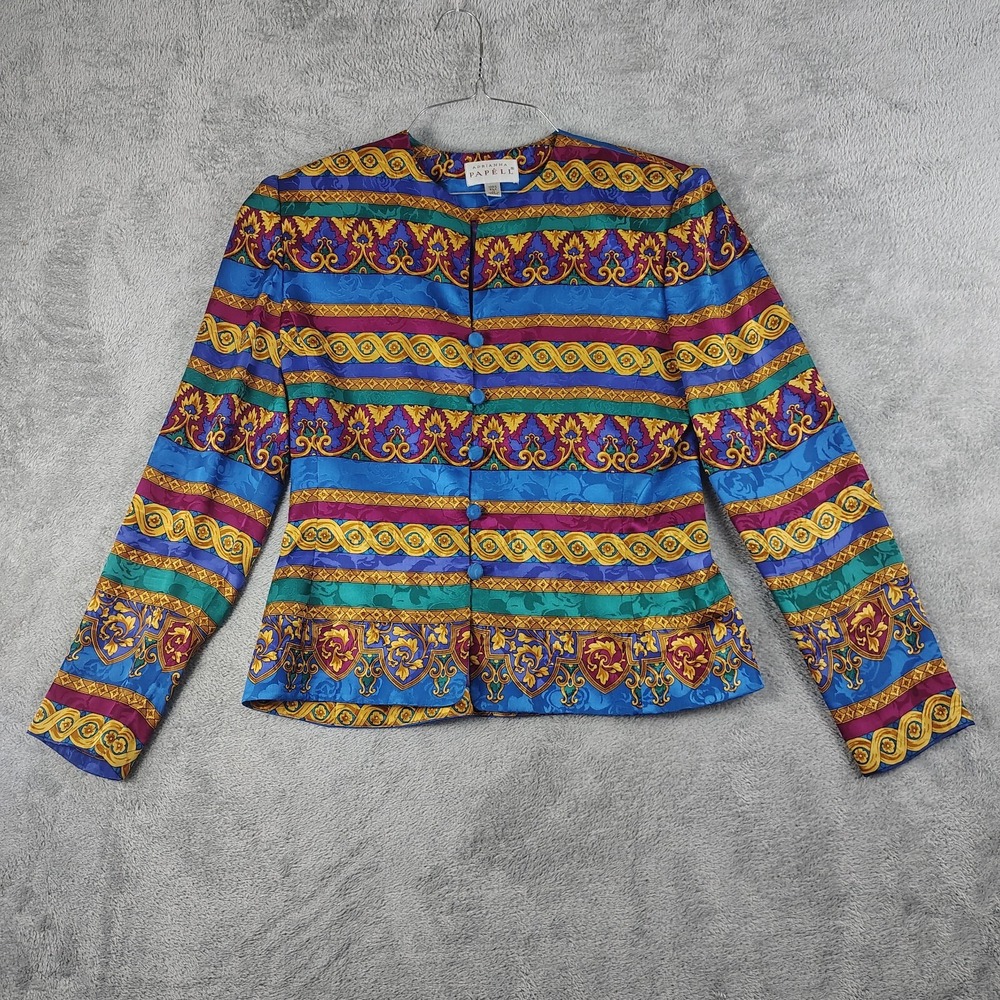 Vintage Adrianna Papell Womens Size 6 Blue 100% Silk Button Jacket Blazer Twee